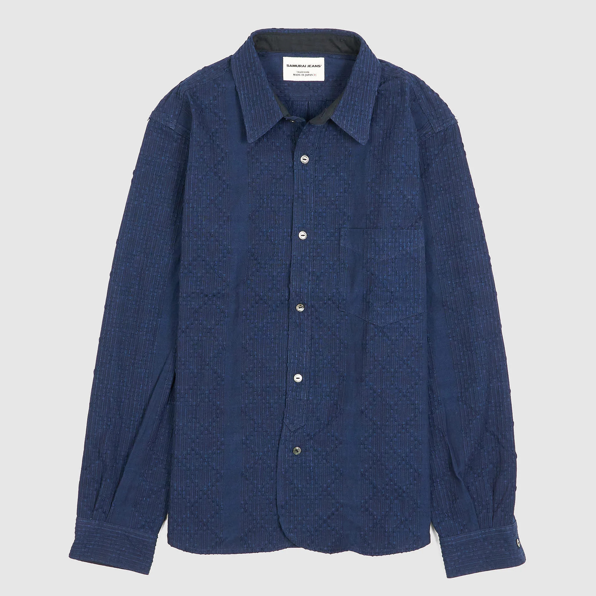 Samurai Jeans Sashiko Natural Indigo BD Overshirt sold by DeeCee style