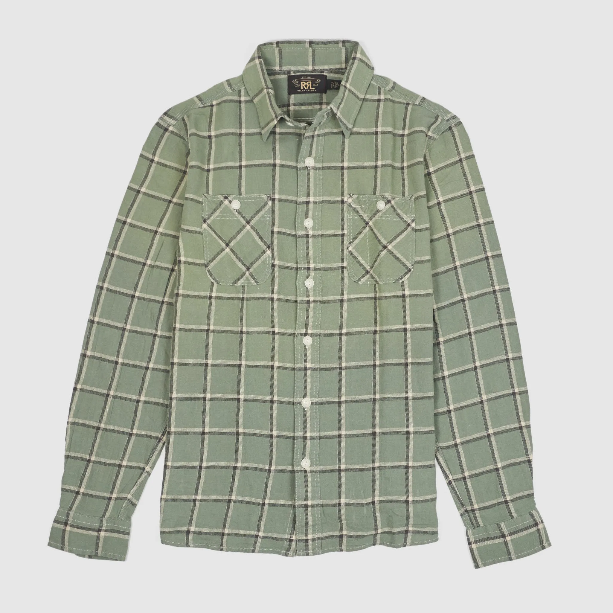Double RL Checked Light Soft Twill Work Shirt Light Green sold by DeeCee style