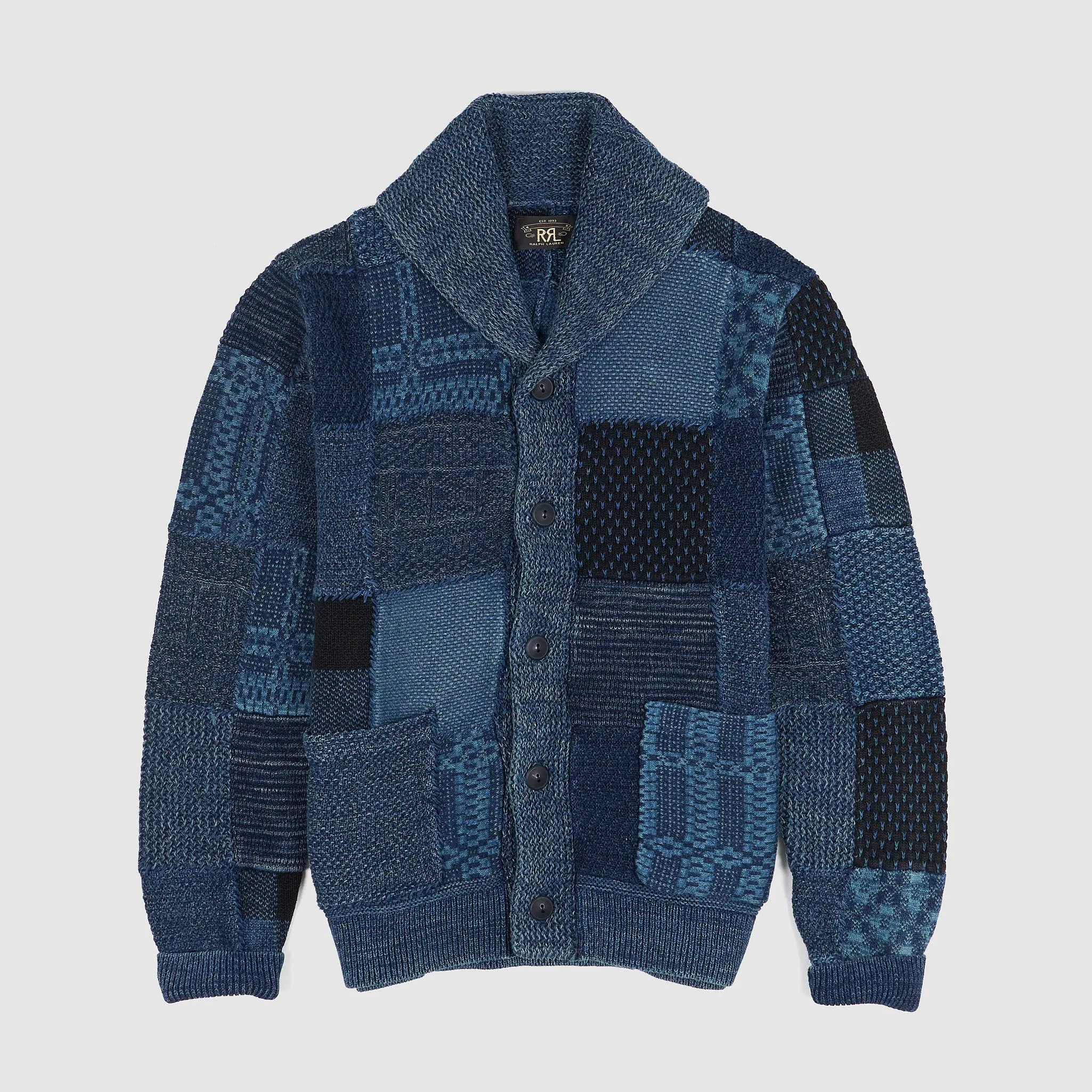 Double RL Indigo Dyed Patchwork Shawl Cardigan sold by DeeCee style