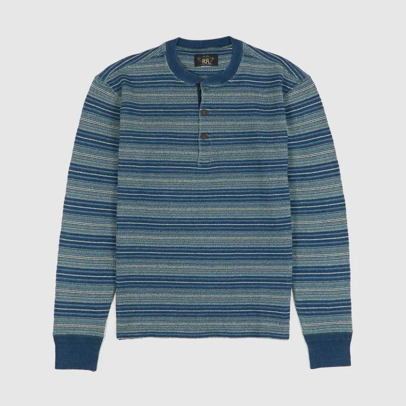 Double RL Long Sleeve Indigo Jacquard Henley Shirt sold by DeeCee style