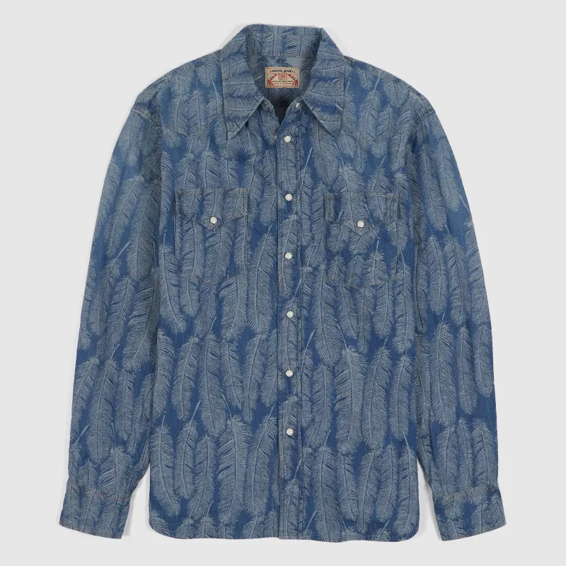 Kapital Ripped Back Jacquard Indigo Feathers Shirt sold by DeeCee style
