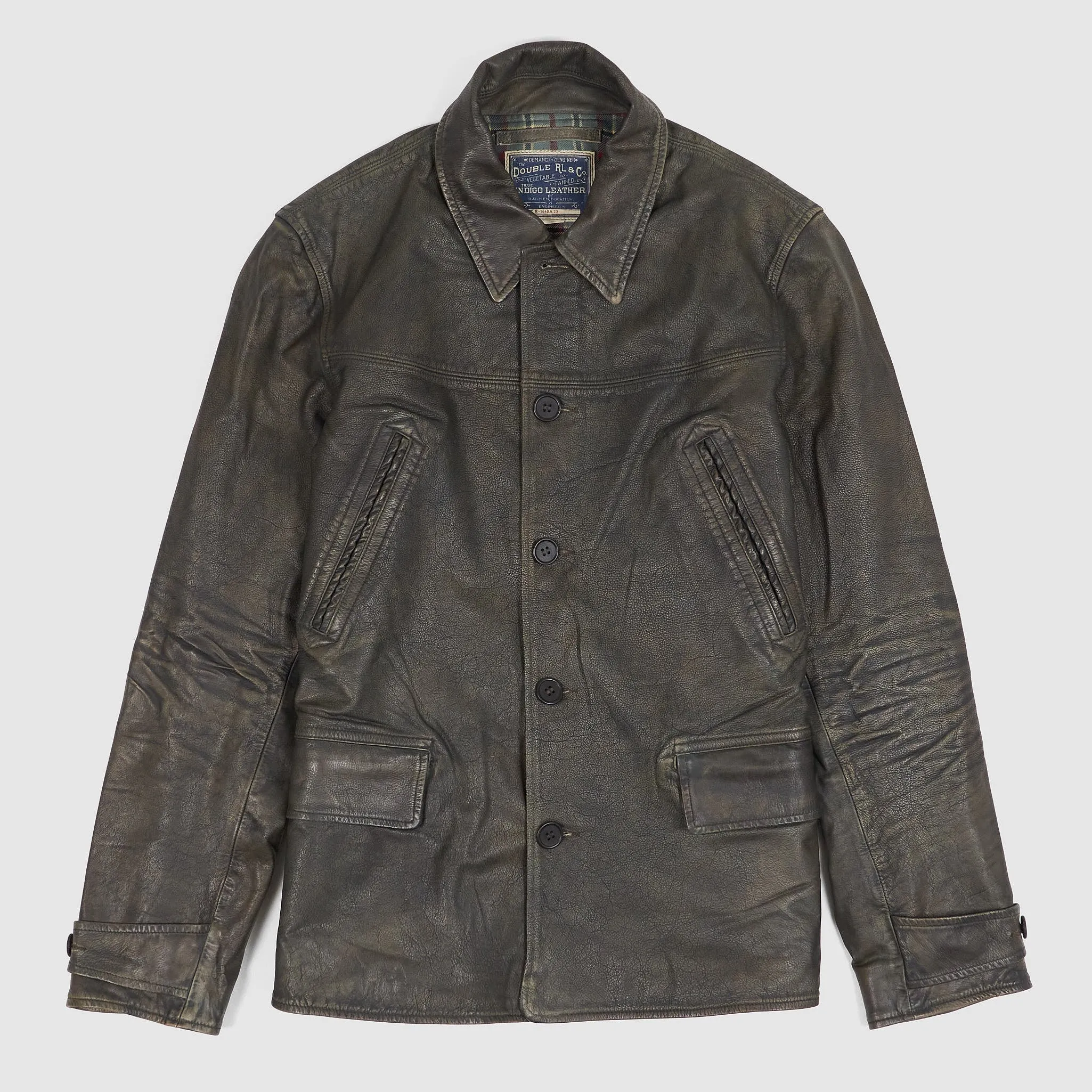 Double RL Indigo Leather Car Coat sold by DeeCee style