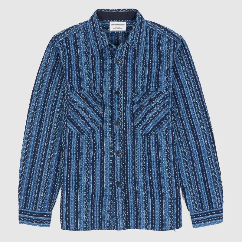Samurai Jeans Jacquard Striped Natural Indigo Long Sleeve Shirt sold by DeeCee style