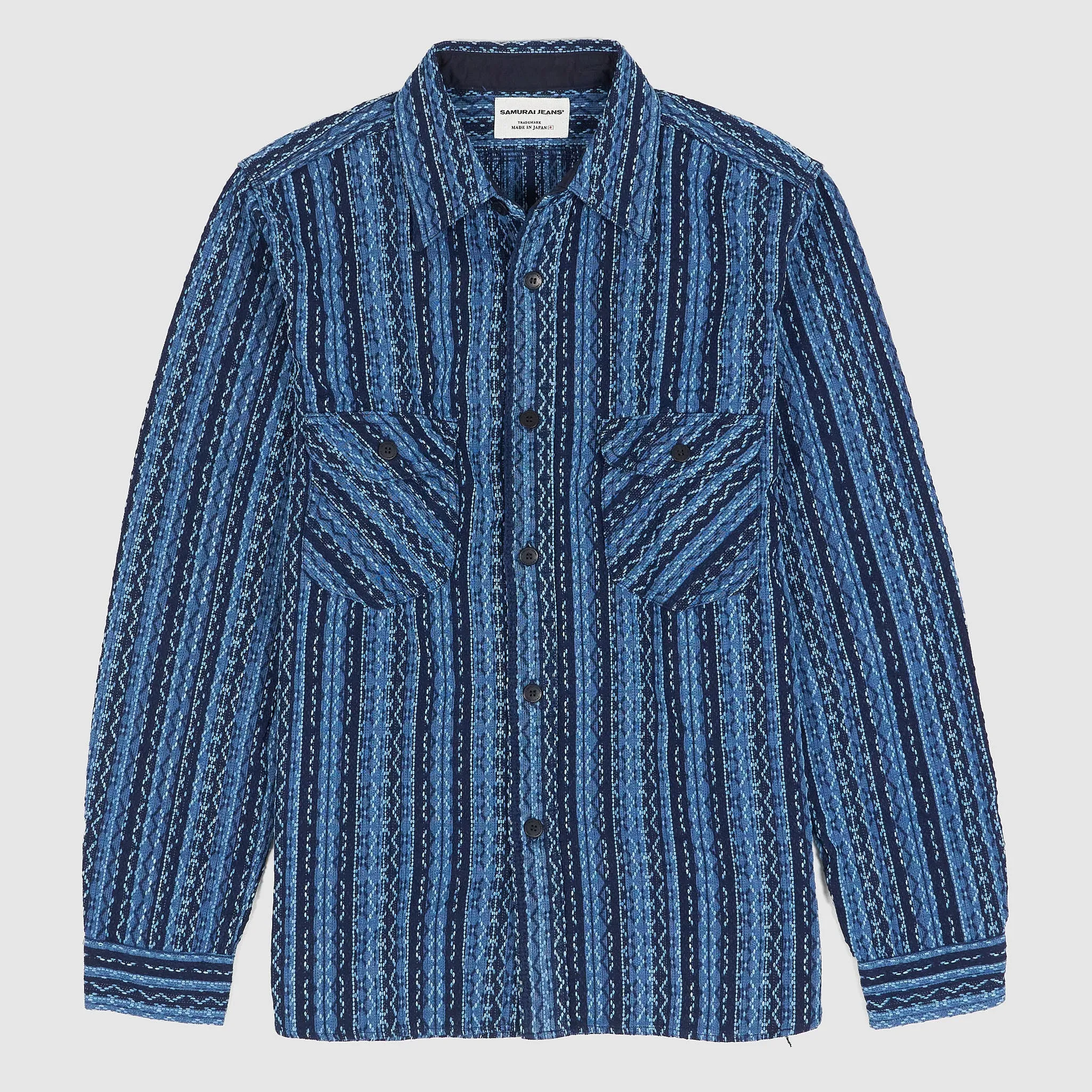Samurai Jeans Jacquard Striped Natural Indigo Long Sleeve Shirt sold by DeeCee style