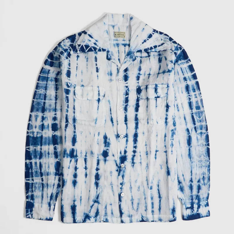 Kapital French Linen Tokushima Shibori Dye Linen Overshirt made by Kapital