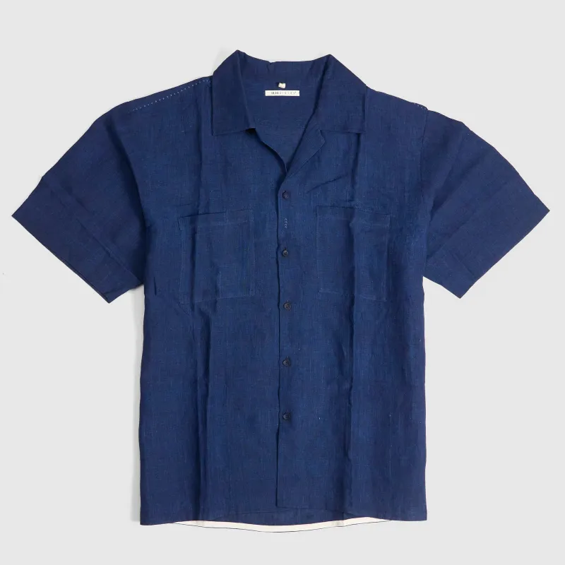 11.11 / eleven eleven Camp Collar Indigo Linen Shirt made by DeeCee style