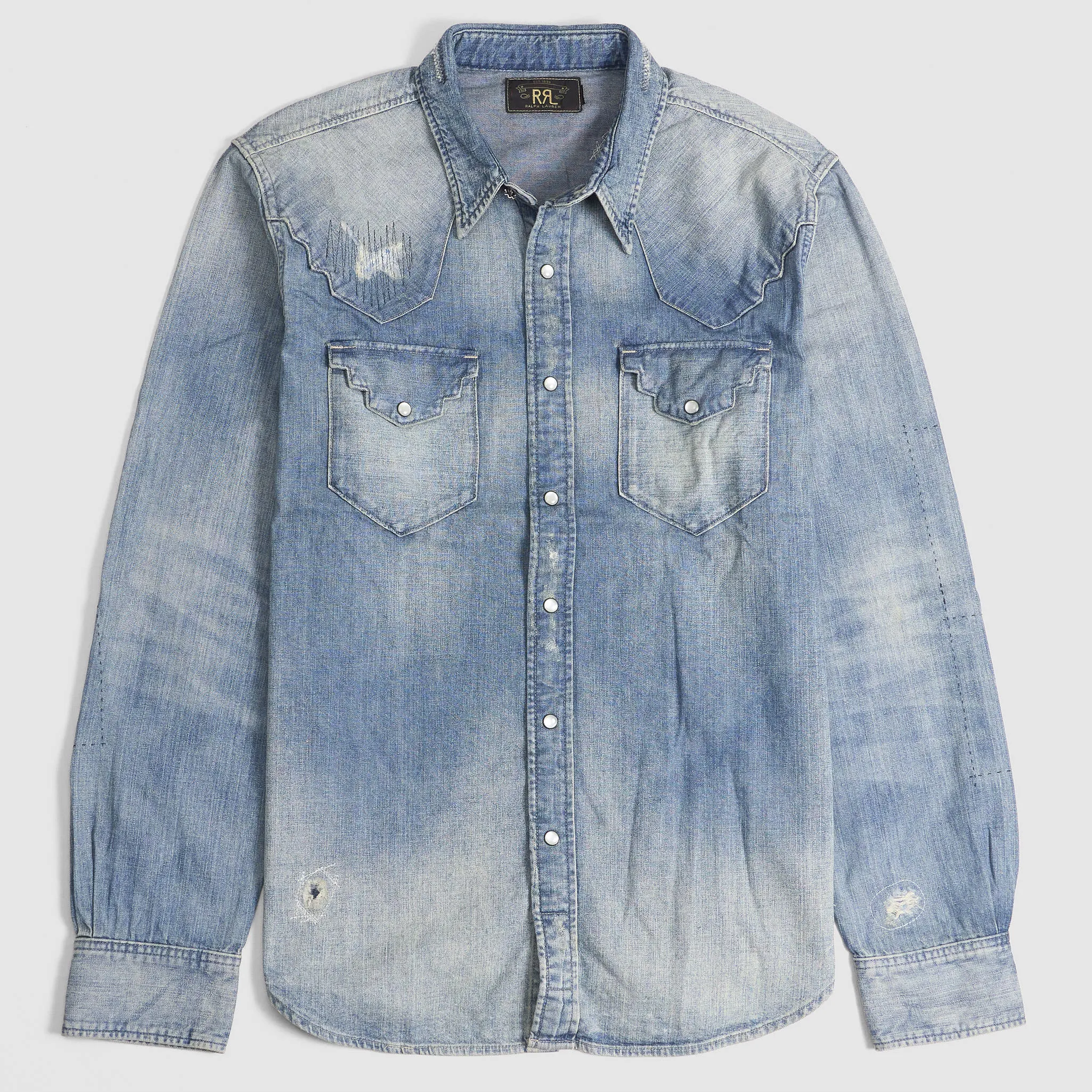 Double RL Distressed Western Denim Shirt sold by DeeCee style