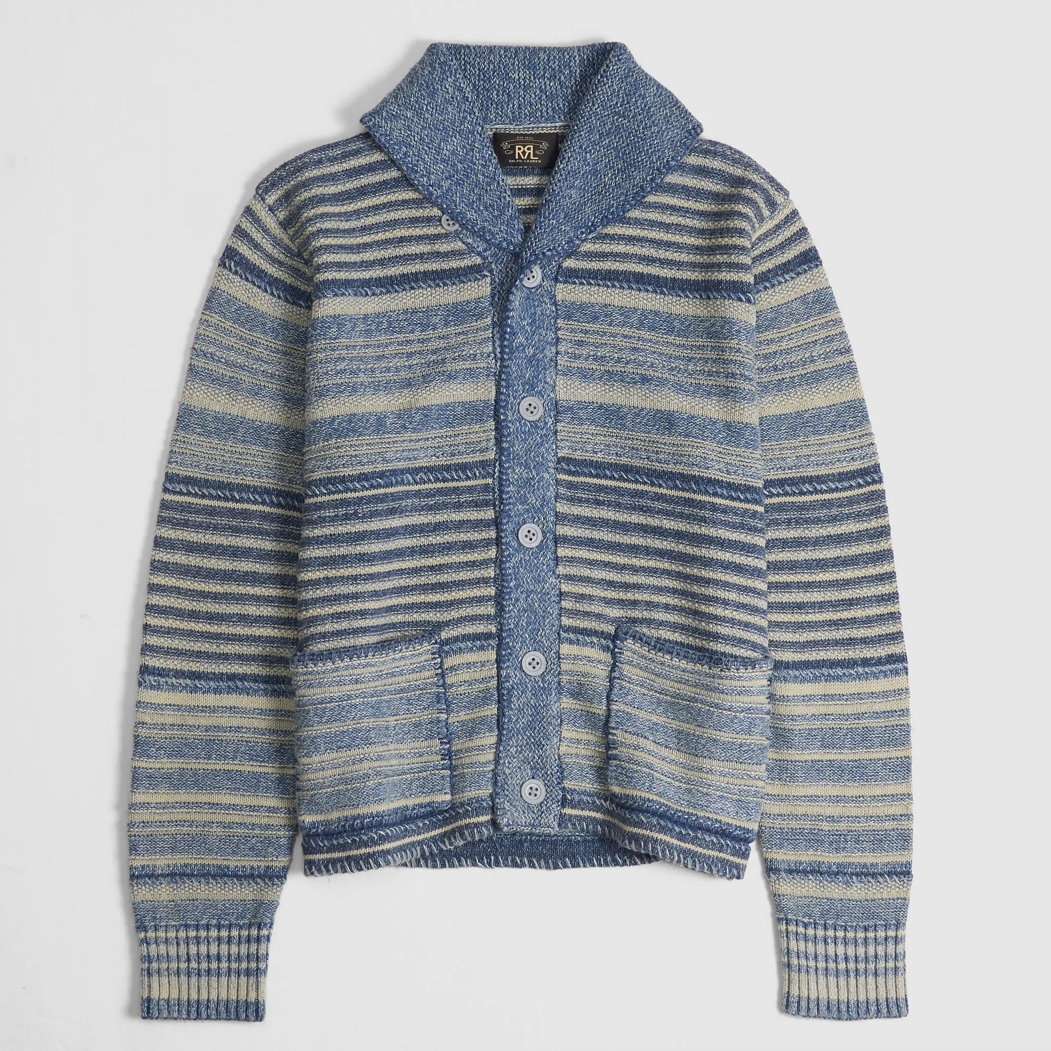 Double RL Cotton-Linen Striped Indigo DyedCardigan sold by DeeCee style