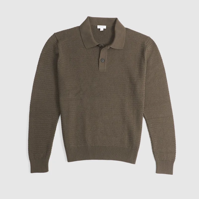 Sunspel Cotton Knit Long Sleeve Polo made by Sunspel