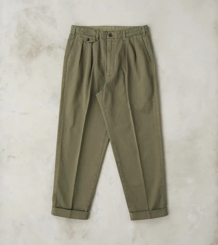 Seattle Pleated Trouser - Green Herringbone Twill sold by Division Road