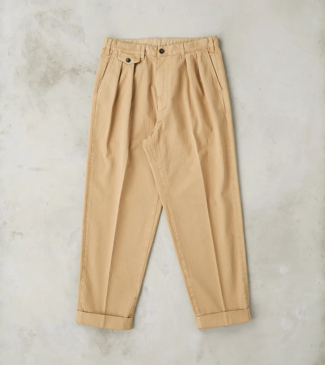 Seattle Pleated Trouser - Camel Herringbone Twill sold by Division Road