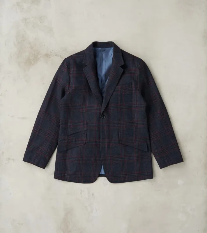 Single Breasted 2-Button Jacket - Glen Plaid Wool Blend Cloth - Navy sold by Division Road
