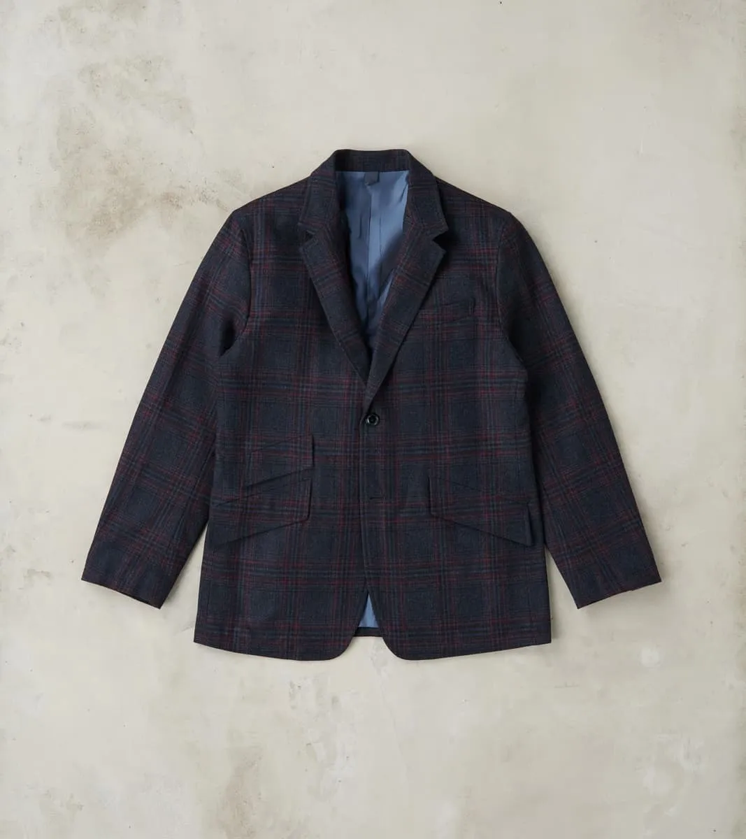 Single Breasted 2-Button Jacket - Glen Plaid Wool Blend Cloth - Navy sold by Division Road