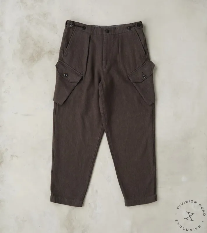 Swiss Army Cargo Trousers - Charcoal Brown Linen Wool Silk Herringbone Twill sold by Division Road