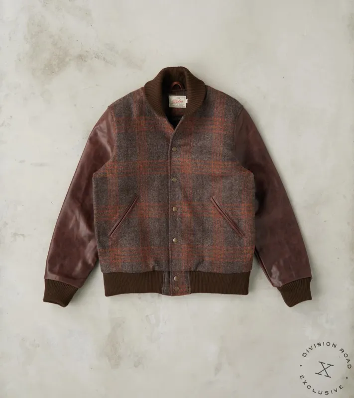 Varsity Jacket - Fox Brothers® Amber Brown Windowpane Tweed & Antique Brandy Leather sold by Division Road