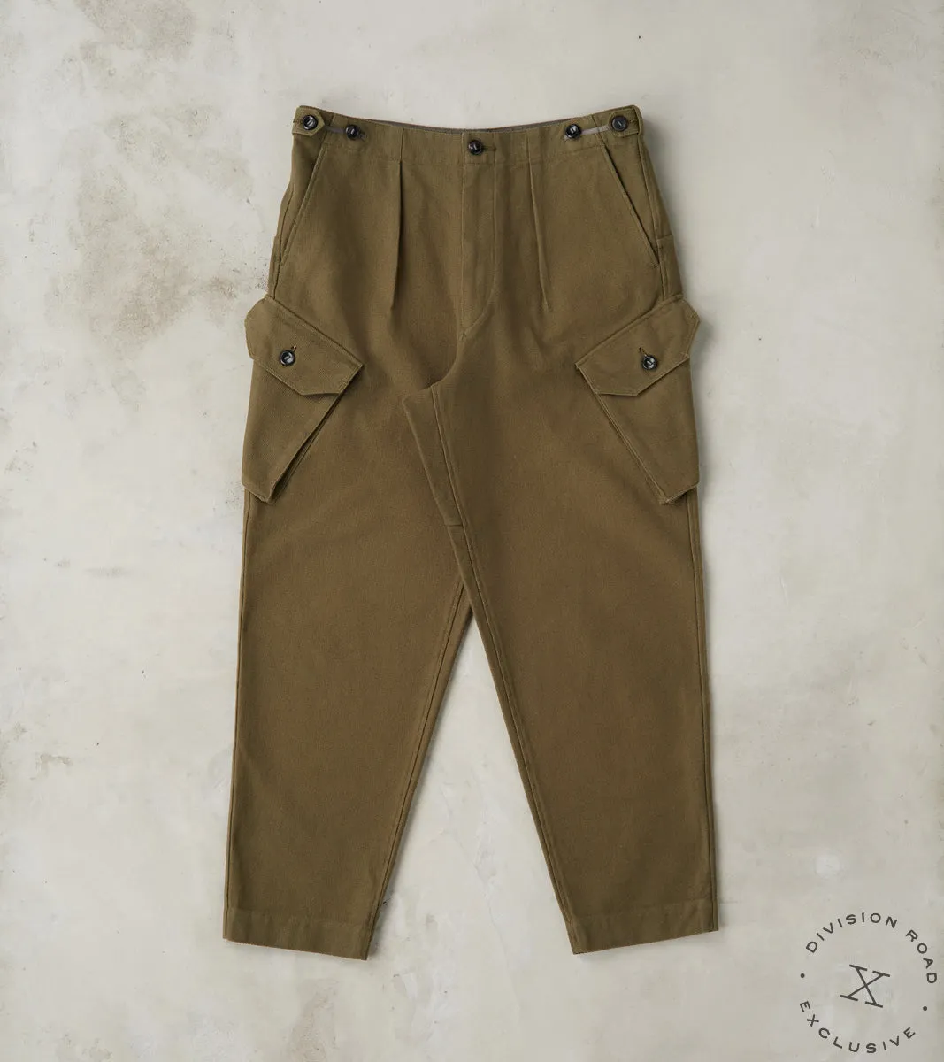 Swiss Army Cargo Trousers - B.Moss® Olive Reversed Bedford Cord sold by Division Road