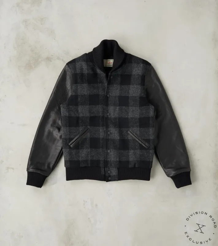 Varsity Jacket - Abraham Moon® Charcoal Rob Roy Plaid & Black Leather sold by Division Road