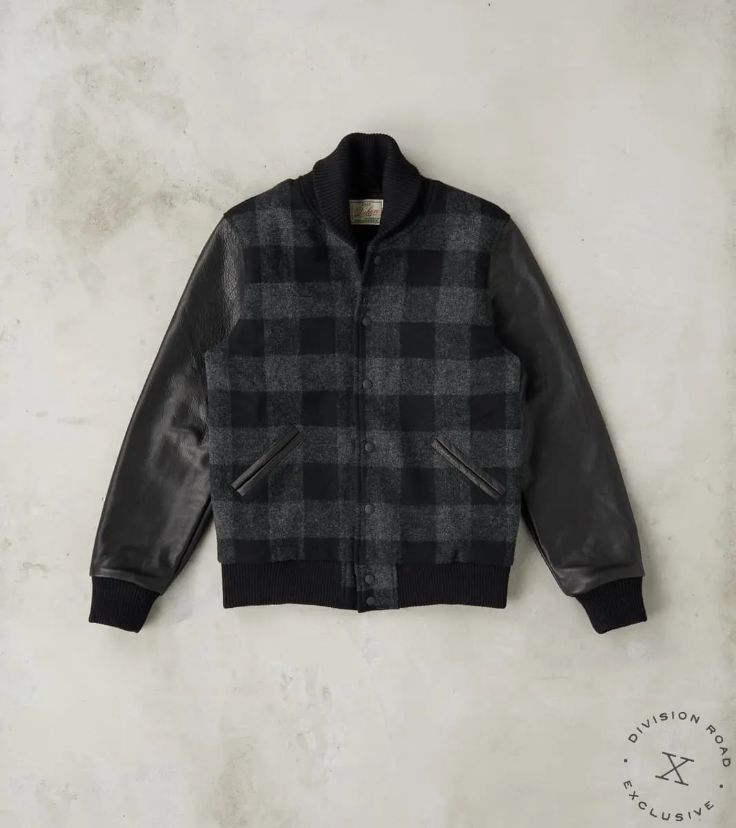 Varsity Jacket - Abraham Moon® Charcoal Rob Roy Plaid & Black Leather sold by Division Road