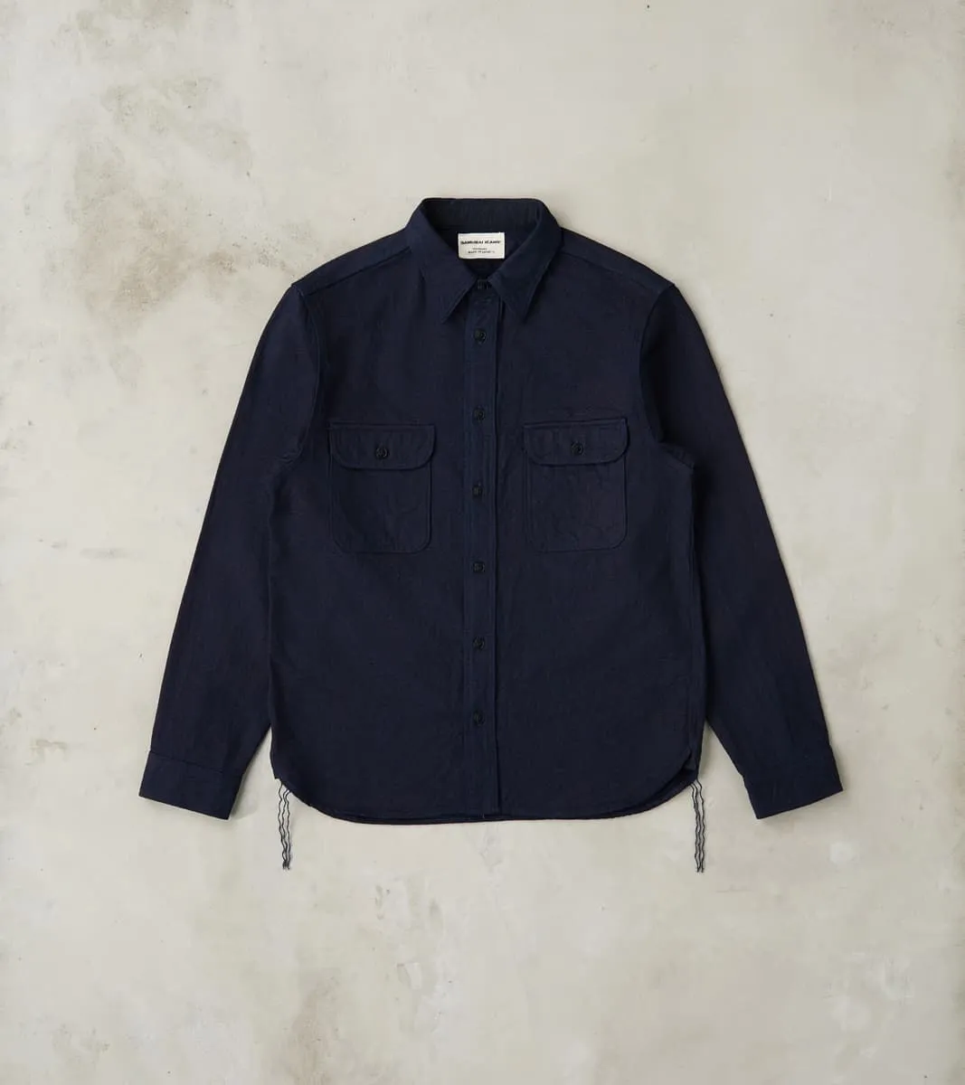SSS25-01W Indigo Dyed Snake Jacquard Work Shirt sold by Division Road