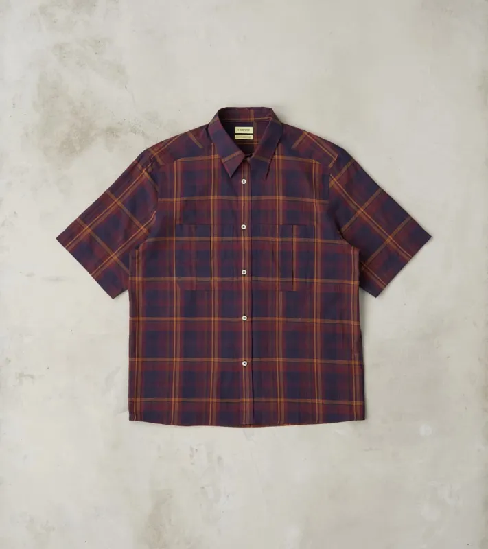 Japanese Cotton Voile Painter's Short Sleeve Shirt - Burgundy Check sold by Division Road