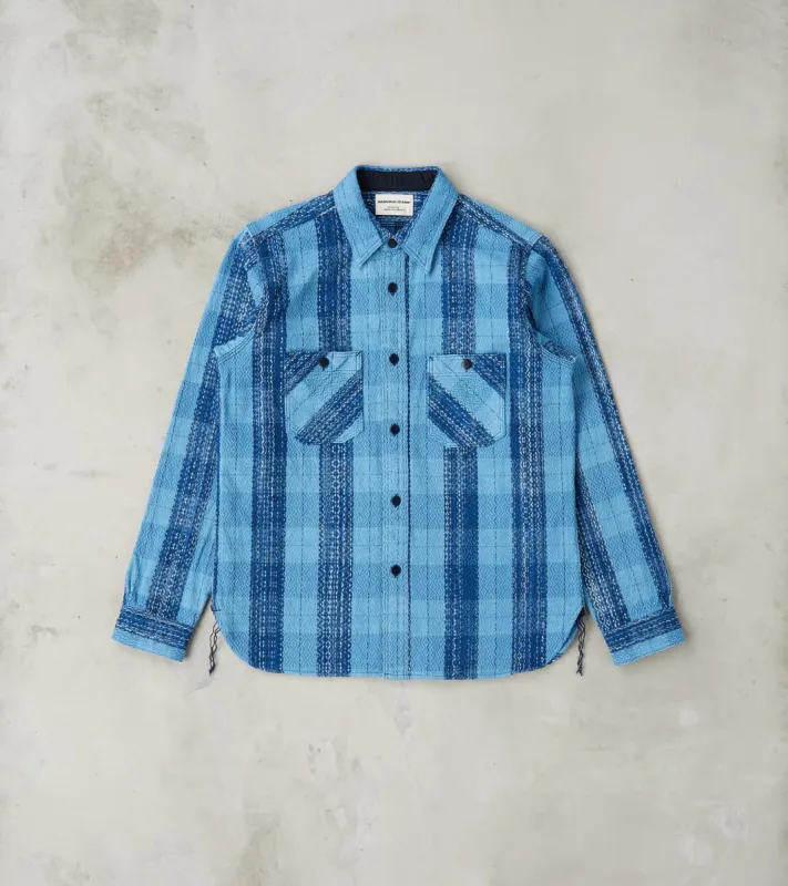 SKN24-01W Indigo Dyed Sashiko Flannel Rain Drop Kasuri Work Shirt sold by Division Road