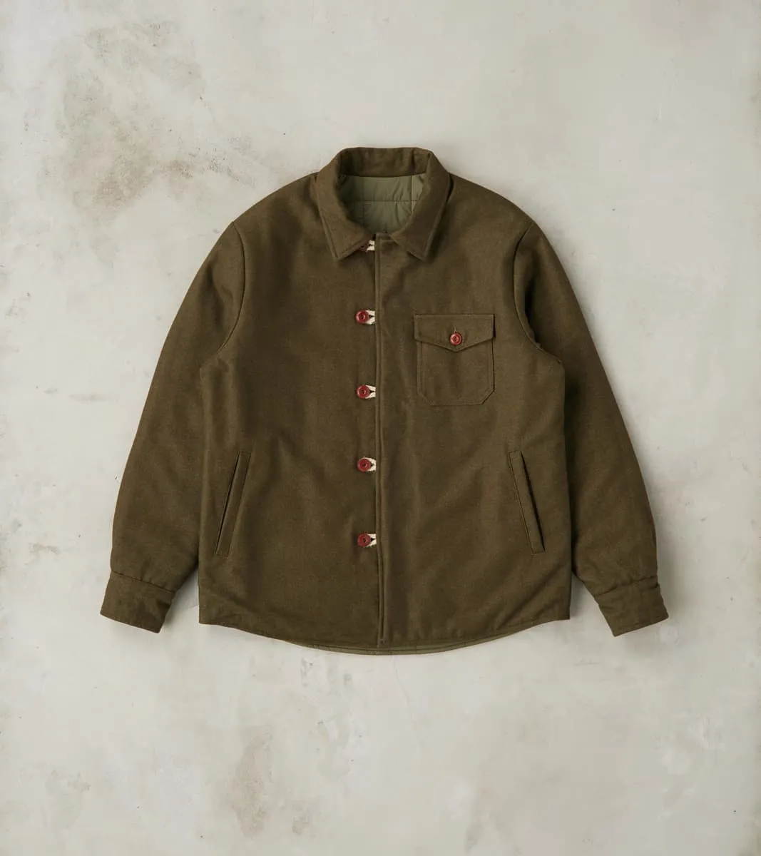 Hebron 796 Reversible Naval Shirt Jacket - Olive Washed Wool Flannel & Quilted Satin sold by Division Road