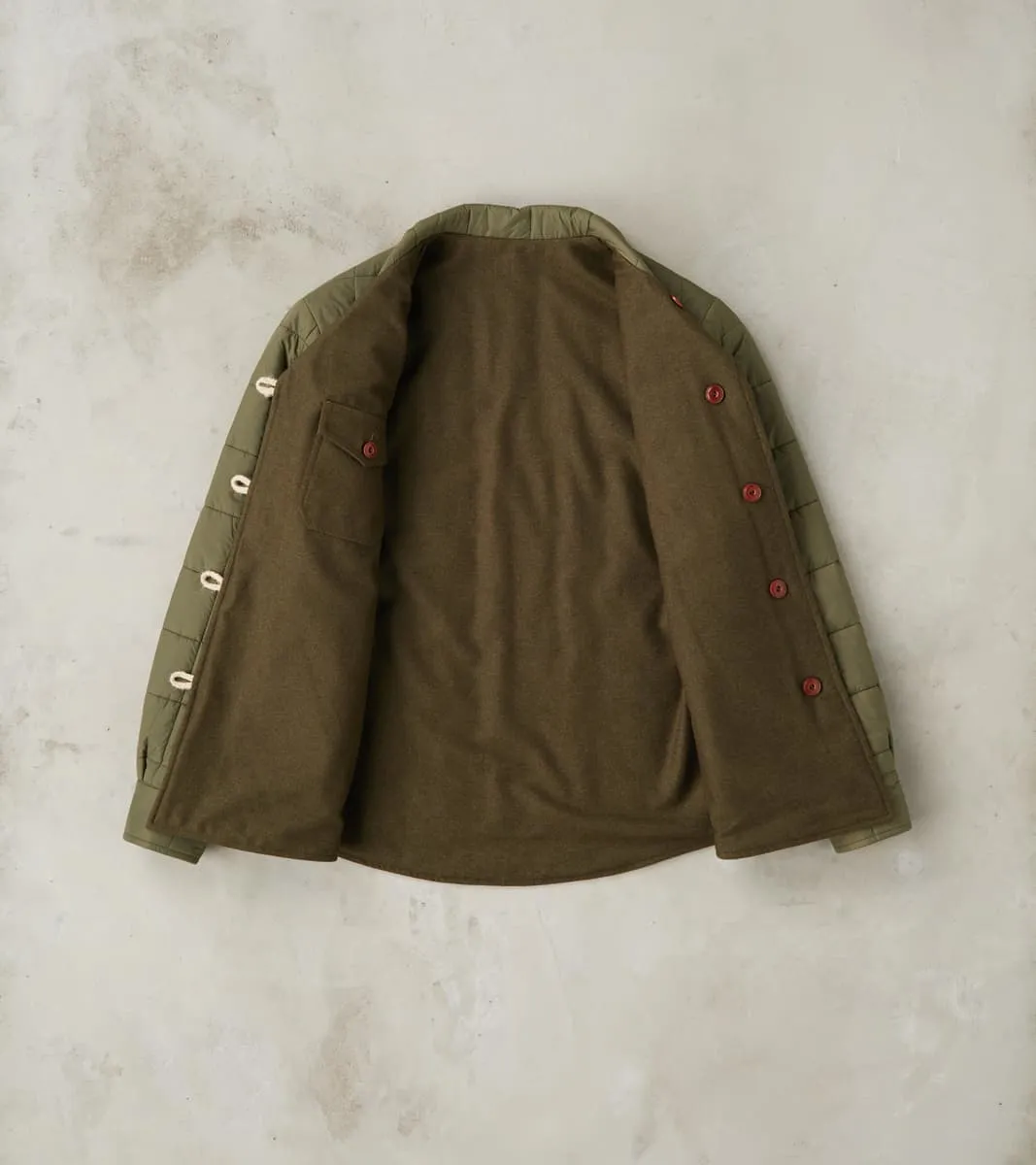 Hebron 796 Reversible Naval Shirt Jacket - Olive Washed Wool Flannel & Quilted Satin sold by Division Road product image thumbnail 2