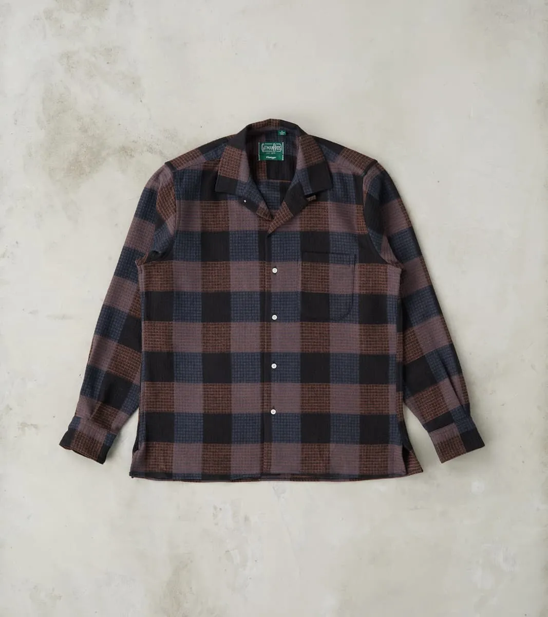 Japanese Brushed Waffle Dobby Check LS Camp - Black sold by Division Road
