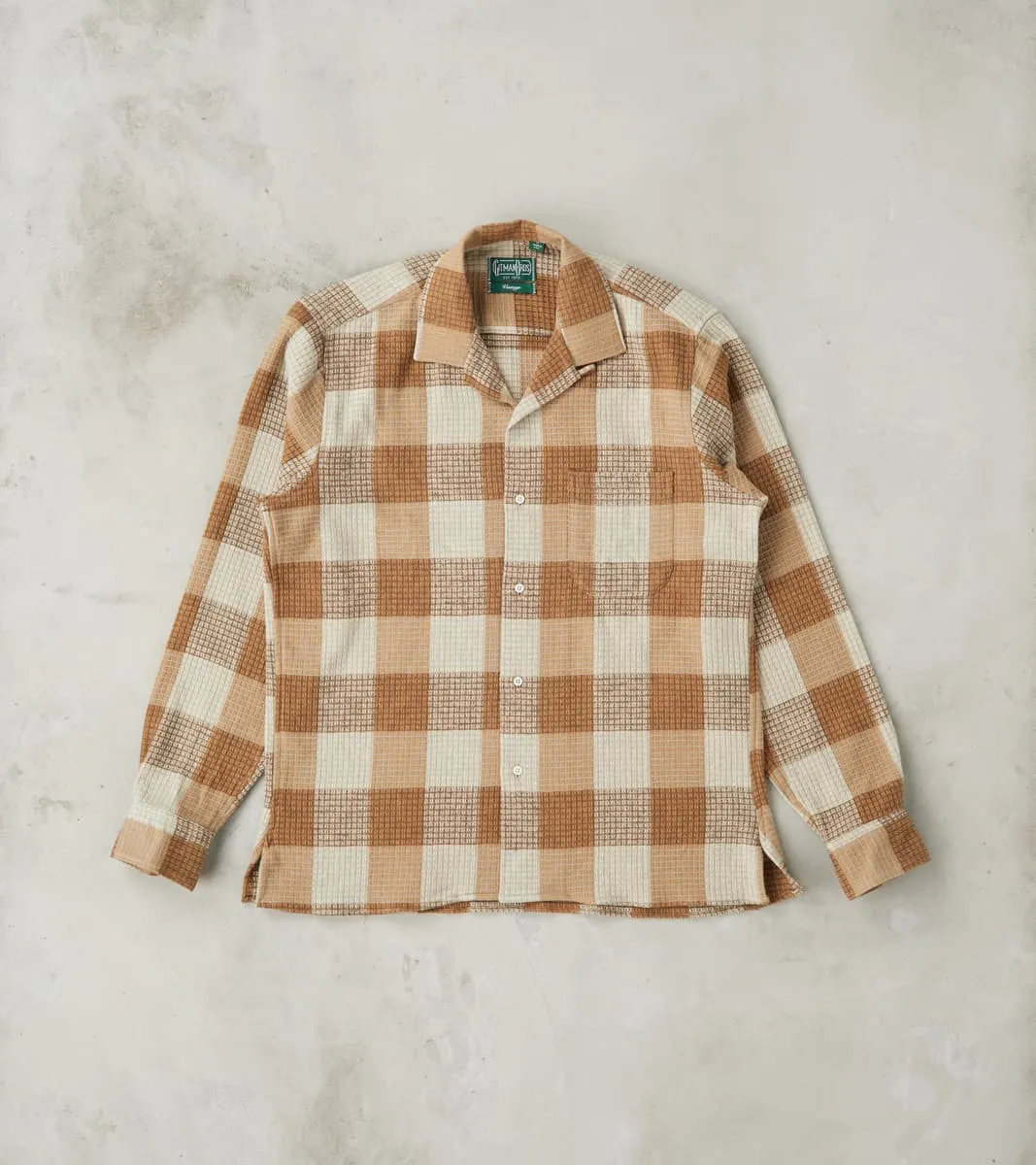 Japanese Brushed Waffle Dobby Check LS Camp - Tan sold by Division Road