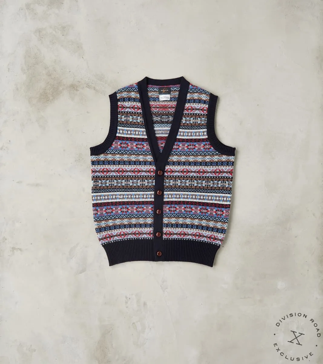Oxford Fair Isle Lambswool Vest - Collegiate Blue sold by Division Road