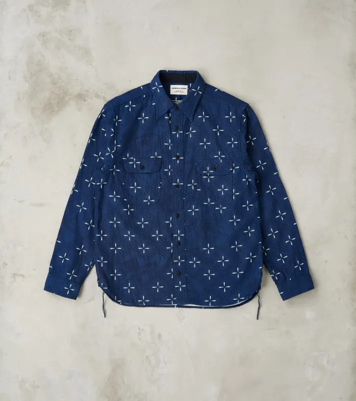 SSS25-02W Indigo Dyed Narihirabishi Goldfish Jacquard Work Shirt sold by Division Road