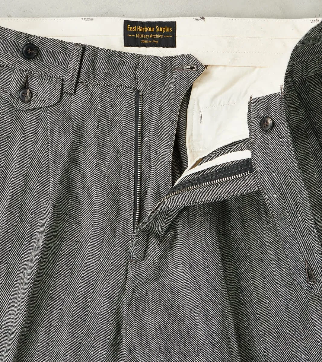 Enfield 055 Trouser - Pleated Tapered - Grey Cotton Linen Herringbone Twill sold by Division Road product image thumbnail 5