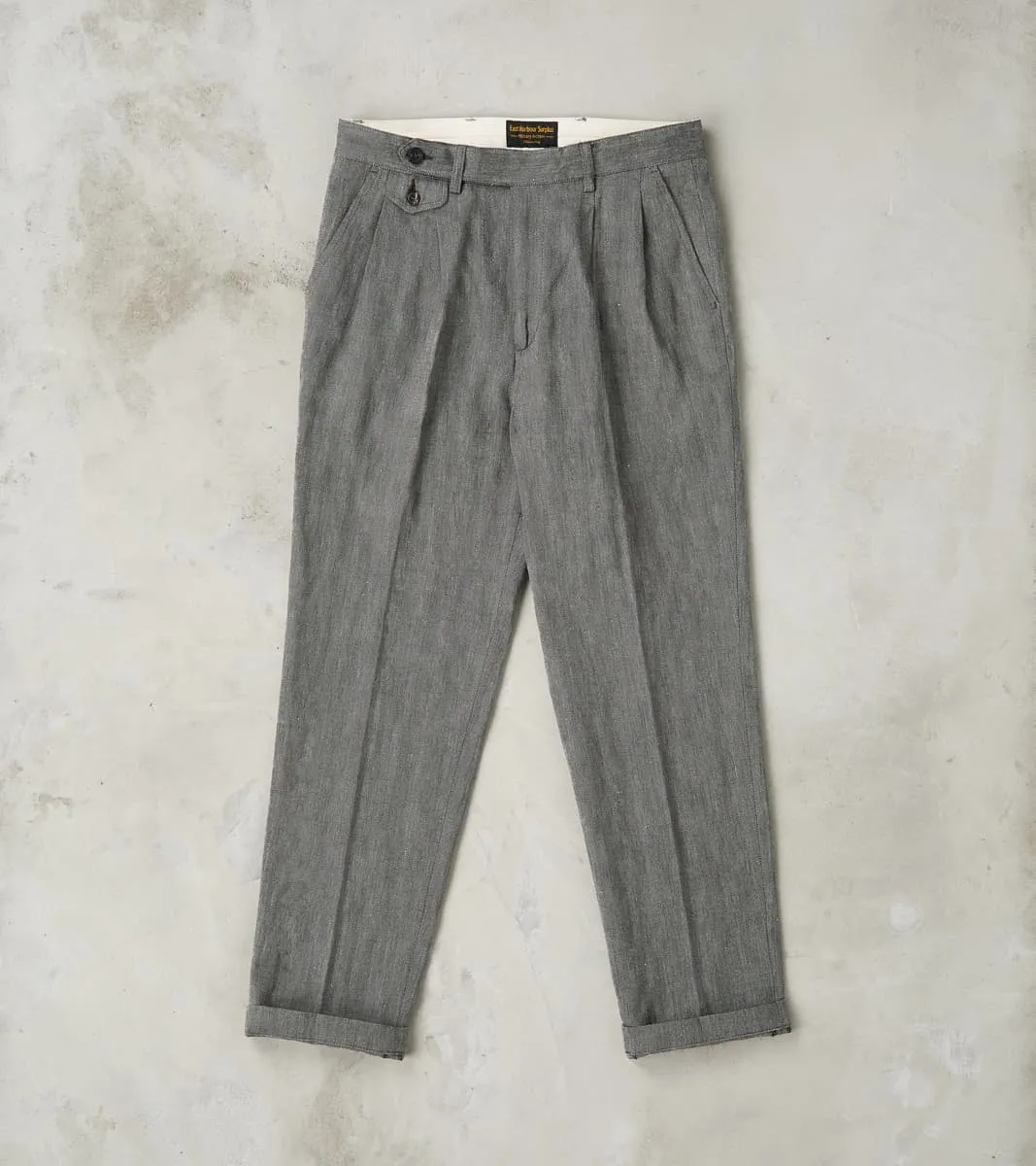 Enfield 055 Trouser - Pleated Tapered - Grey Cotton Linen Herringbone Twill sold by Division Road