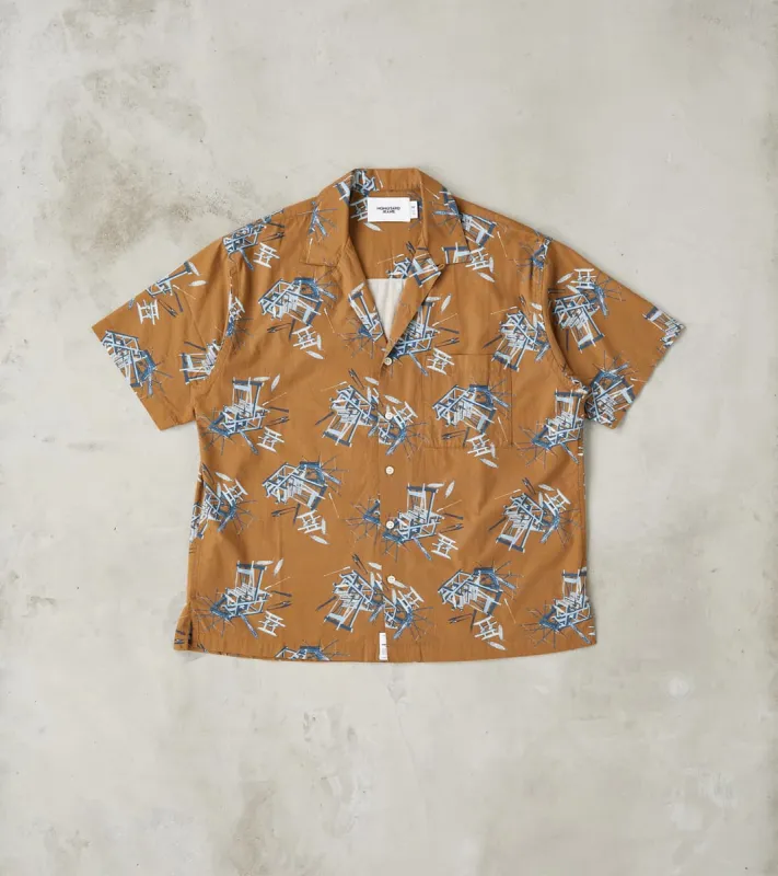 MMSS6004 - Cotton/Rayon Camp Shirt - Brown Shuttle Loom Print made by Momotaro