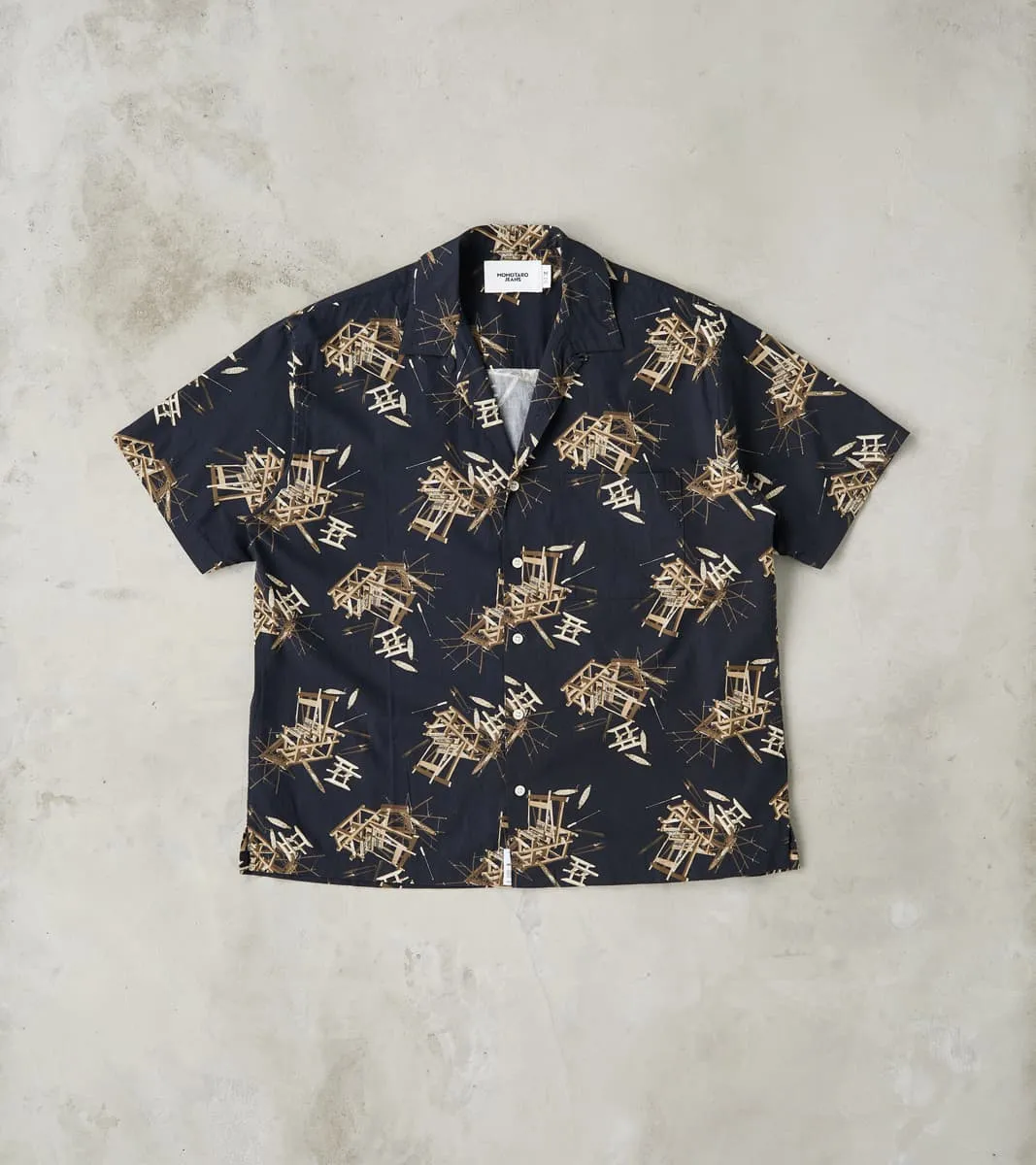 MMSS6004 - Cotton/Rayon Camp Shirt - Black Shuttle Loom Print sold by Division Road