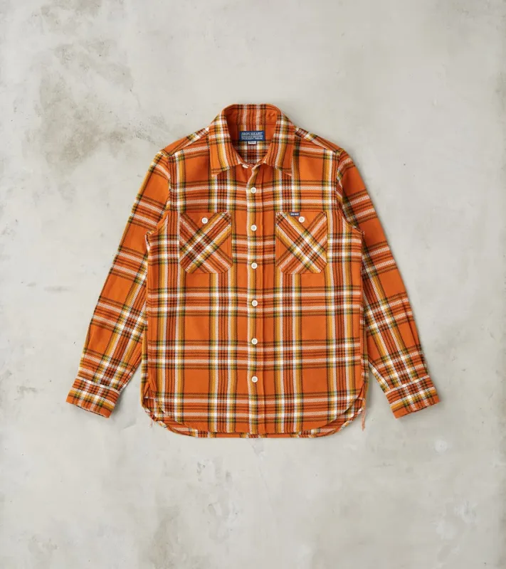 442-ORA - Work Shirt - 9oz Selvedge Flannel Orange Check made by Iron Heart