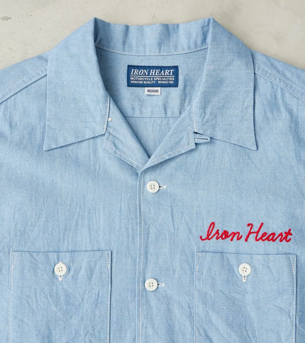 447-SAX - Open Collar Short Sleeve Shirt - 5oz Sax Blue Cotton Linen sold by Division Road product image thumbnail 3