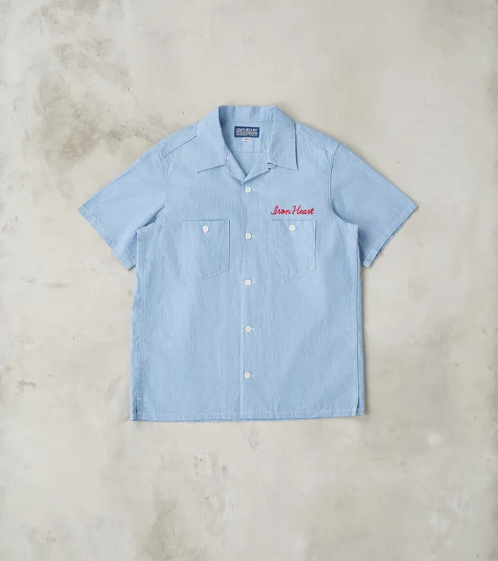 447-SAX - Open Collar Short Sleeve Shirt - 5oz Sax Blue Cotton Linen made by Iron Heart
