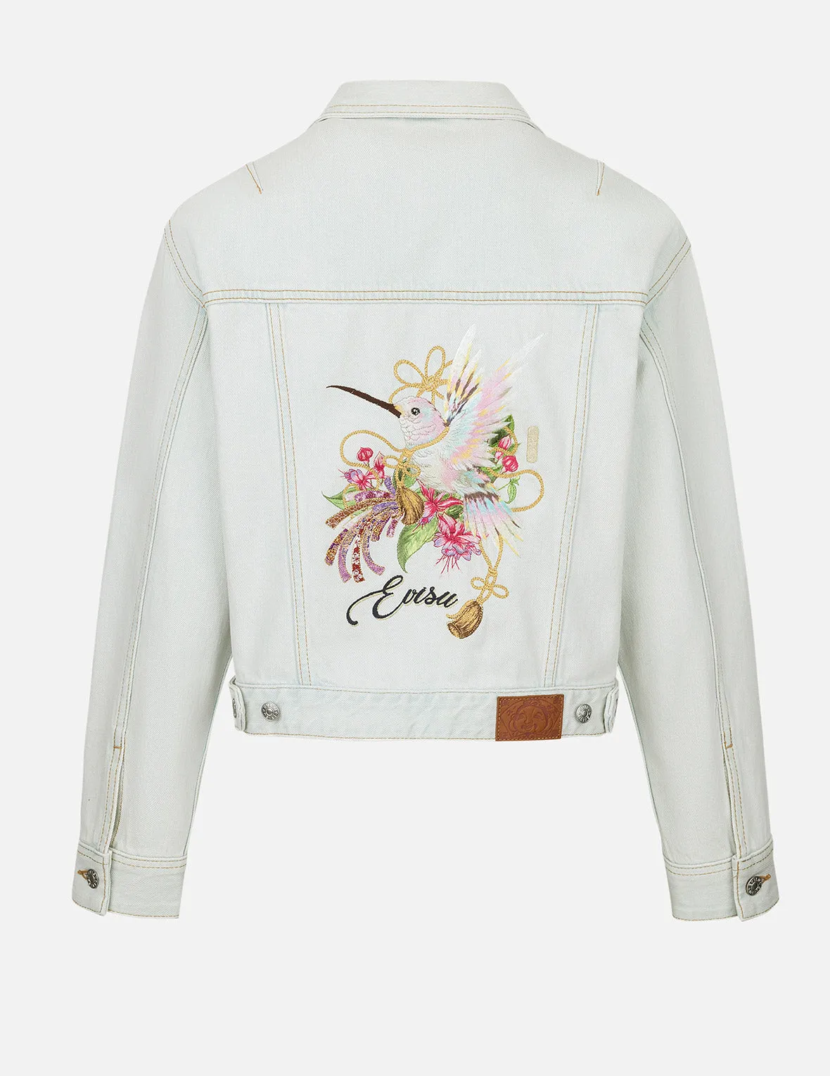 Hummingbird and Magnolia Embroidery Loose Fit Quilted Denim Jacket sold by Evisu