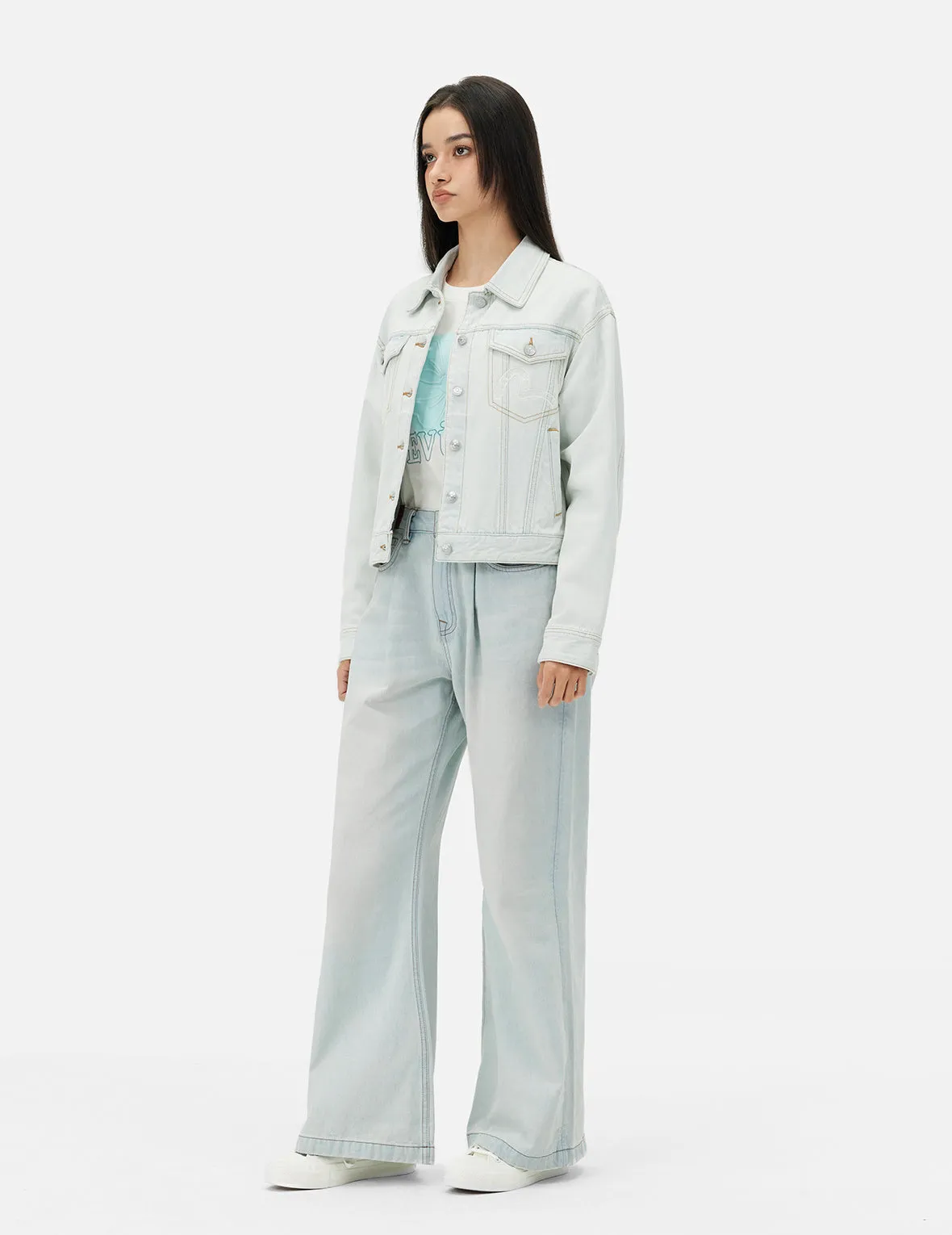 Hummingbird and Magnolia Embroidery Loose Fit Quilted Denim Jacket sold by Evisu product image thumbnail 3