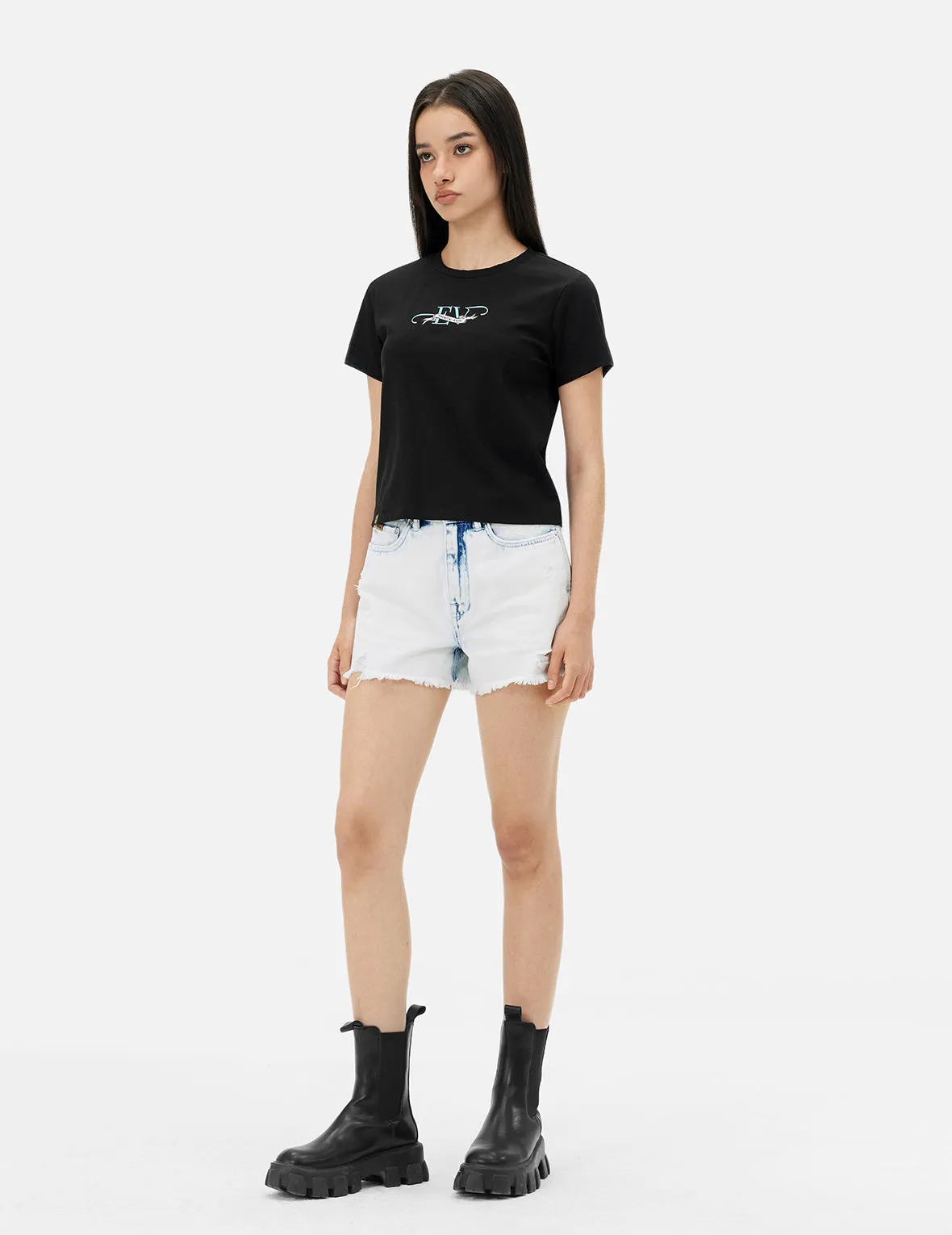 Bleach Washed Kamon Embroidery Regular Fit Denim Shorts sold by Evisu product image thumbnail 3