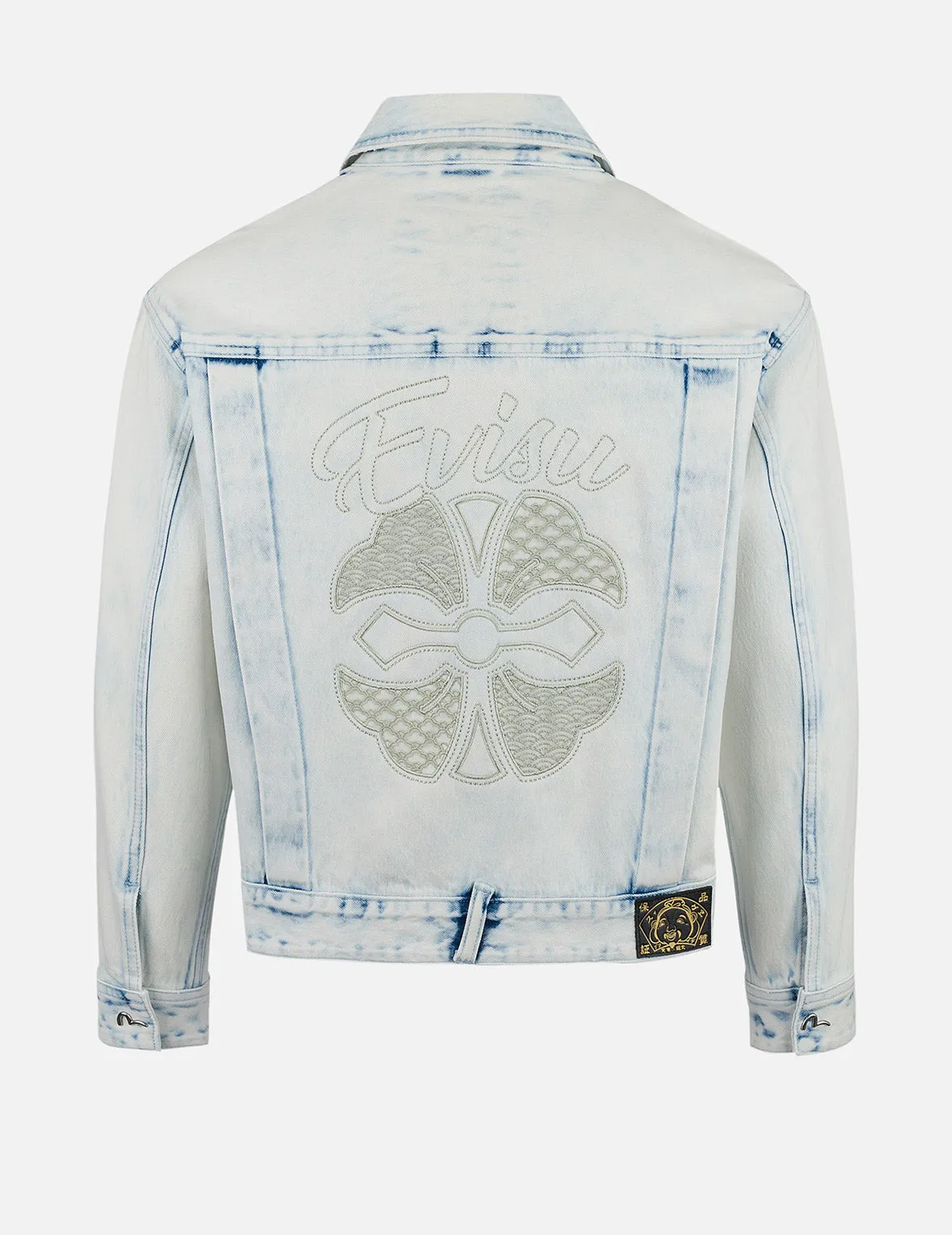 Bleach Washed Kamon Embroidery Fashion Fit Denim Jacket sold by Evisu