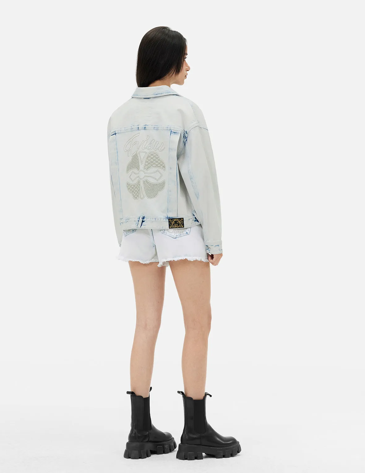 Bleach Washed Kamon Embroidery Fashion Fit Denim Jacket sold by Evisu product image thumbnail 4