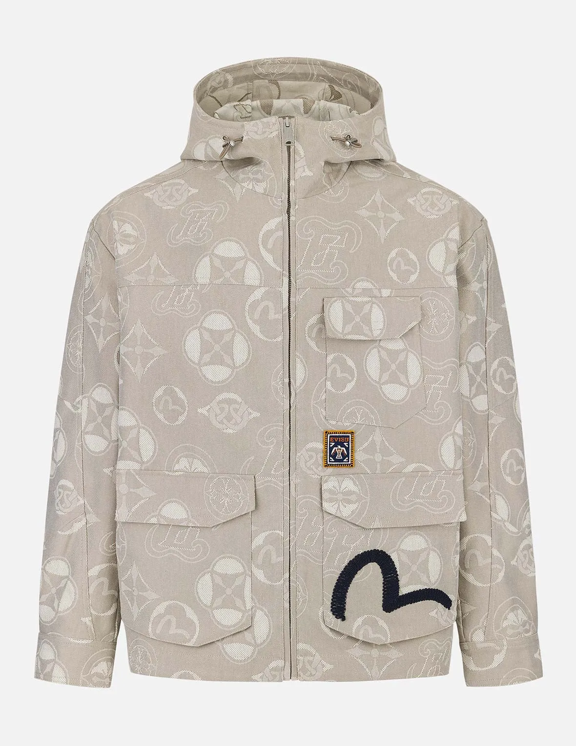 Allover Kamon and Seagull Jacquard Relax Fit Hooded Jacket sold by Evisu