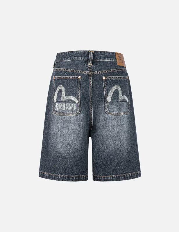 Seagull Print Pockets Oversized Worker Denim Shorts made by Evisu