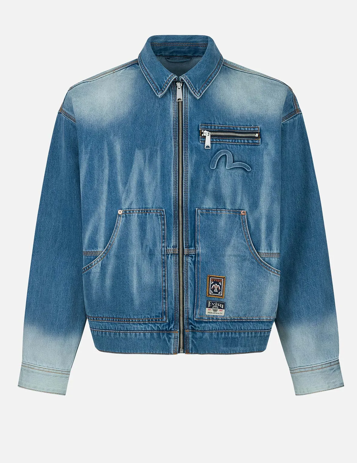 Emboss Kamon Relax Fit Worker Denim Jacket sold by Evisu