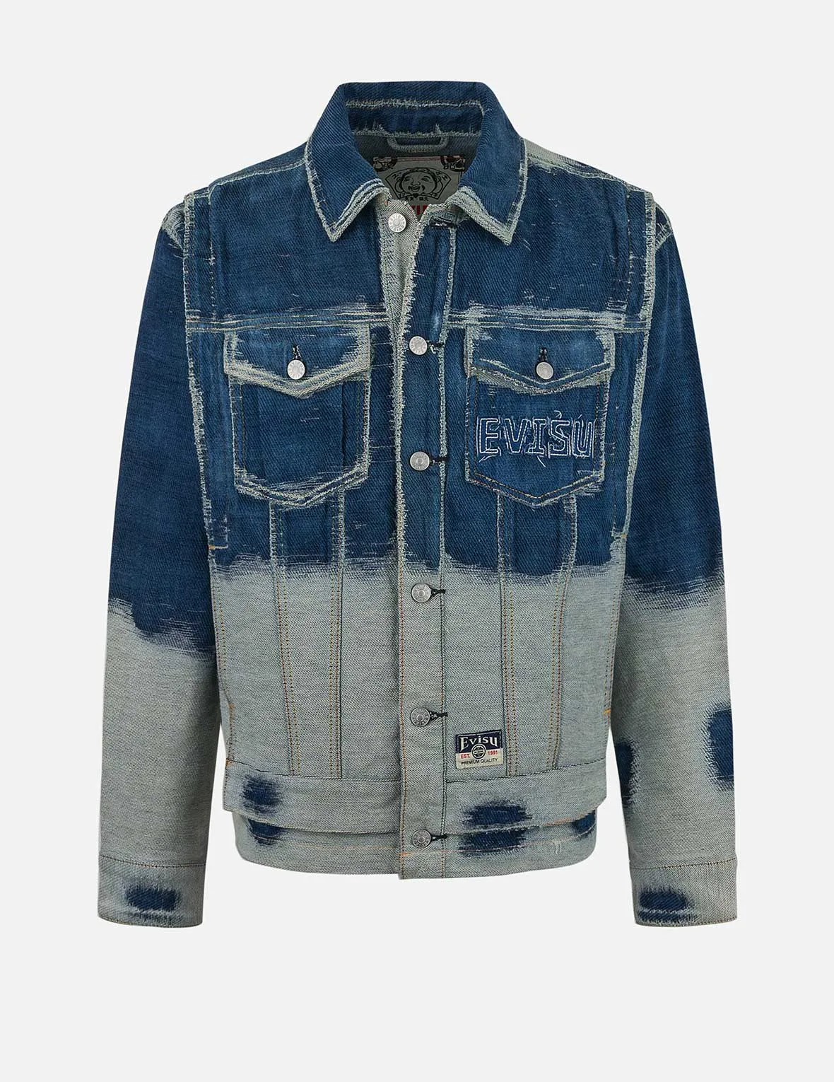 Distressed Logo and Seagull Embroidery Relax Fit Denim Jacket sold by Evisu