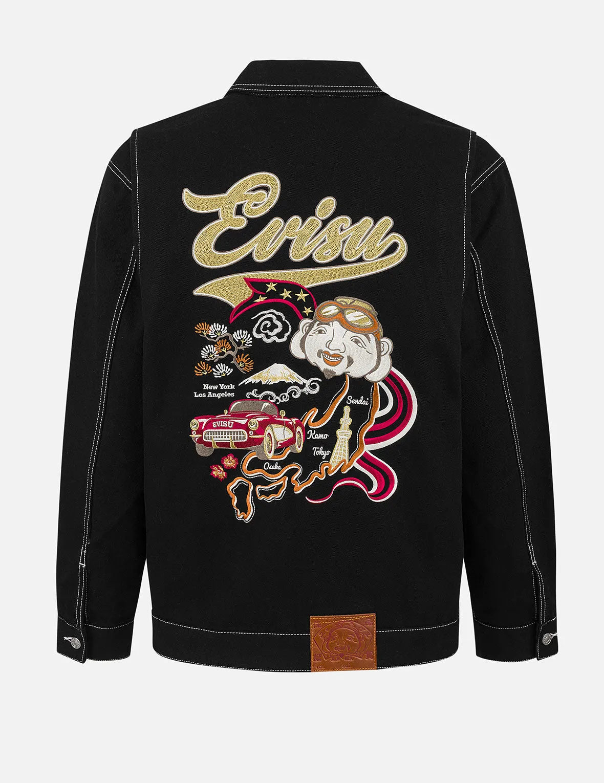 Godhead and Map Appliqué Embroidery Fashion Fit Worker Denim Jacket sold by Evisu