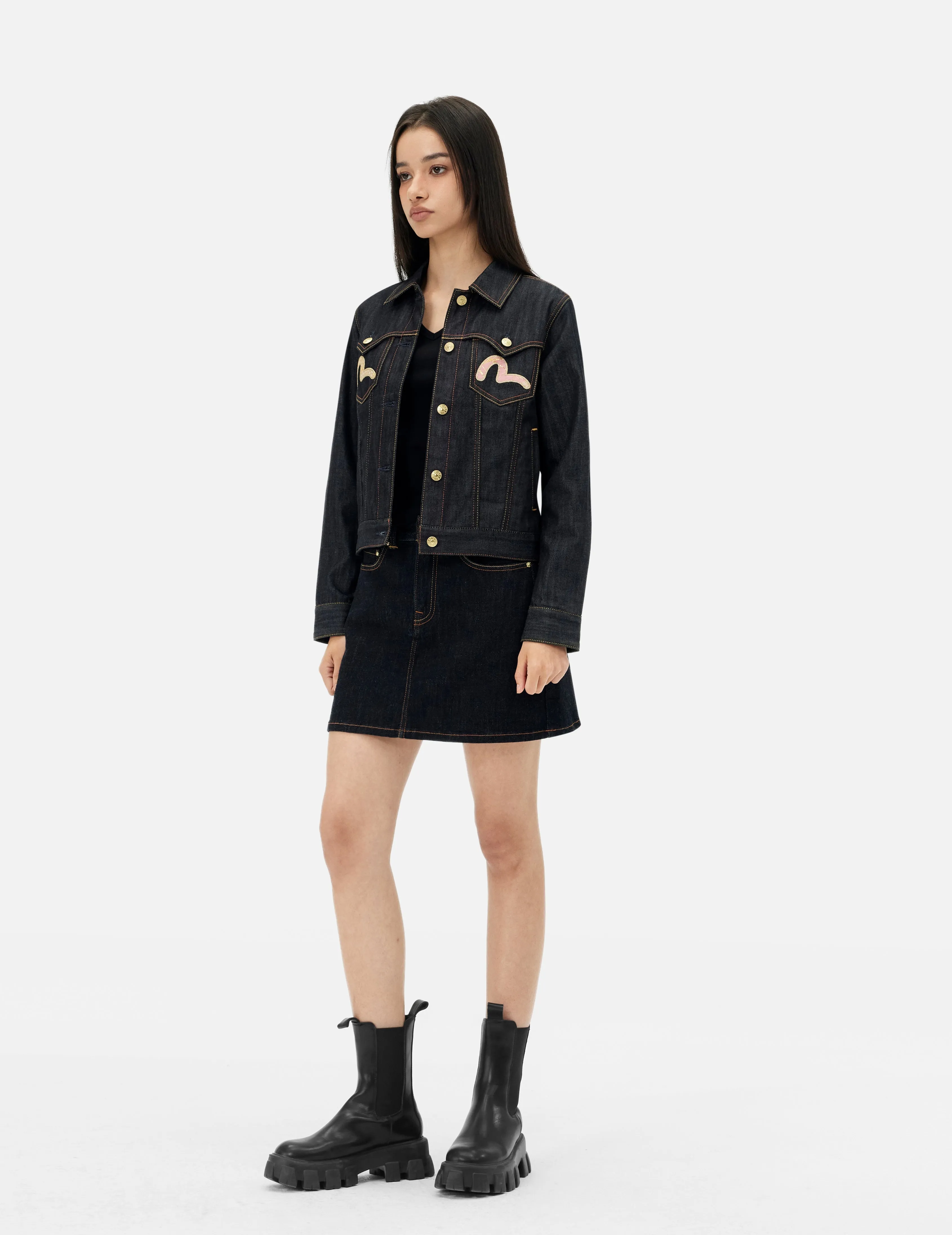 Brocade Inserted Kamon and Logo Embroidery Regular Fit Denim Jacket sold by Evisu product image thumbnail 3