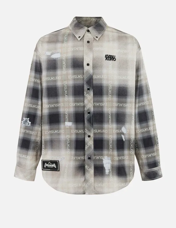 Allover Logo Print Distressed Oversized Check Shirt sold by Evisu